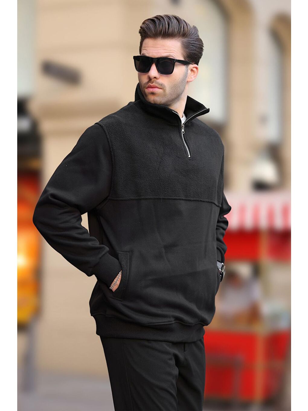 Madmext Siyah Dik Yaka Yarım Fermuarlı Polar Sweatshirt 7096 - 1