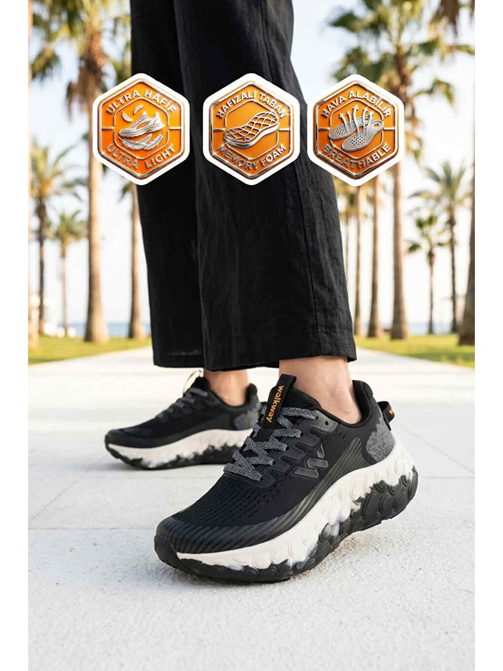 Siyah Beyaz Fileli Hafif Esnek Hafızalı Taban Unisex Spor Ayakkabı Flystep G-1