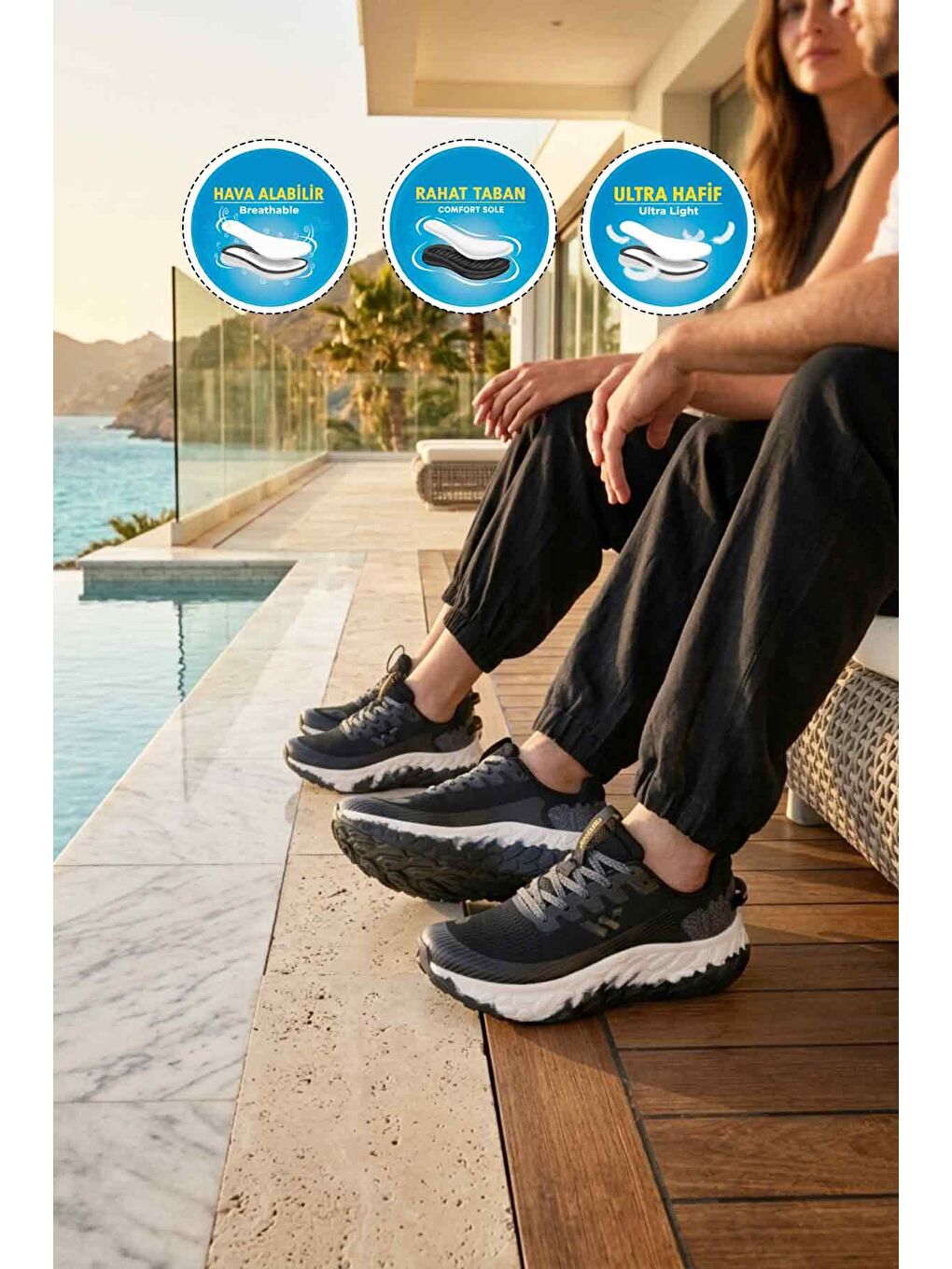 Siyah Beyaz Fileli Hafif Esnek Hafızalı Taban Unisex Spor Ayakkabı Flystep G-2