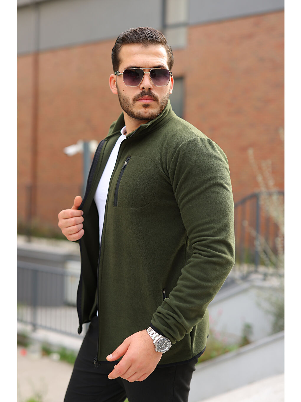 Erkek Kışlık Trend Fermuarlı Cepli Haki Polar Hırka