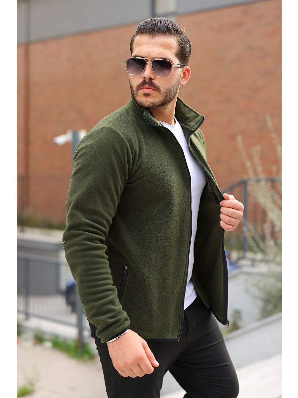 Erkek Kışlık Trend Fermuarlı Cepli Haki Polar Hırka-1