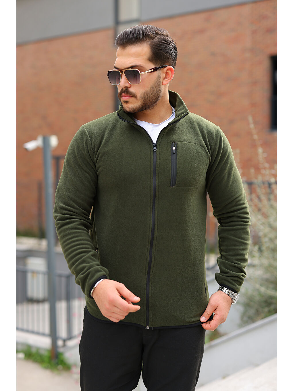 Erkek Kışlık Trend Fermuarlı Cepli Haki Polar Hırka-2