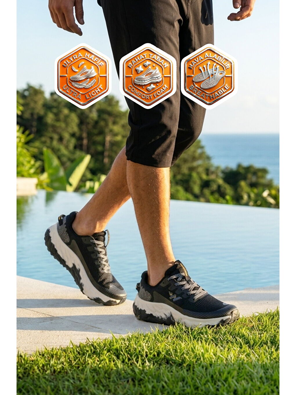 Siyah Beyaz Fileli Hafif Esnek Hafızalı Taban Unisex Spor Ayakkabı Flystep G-1