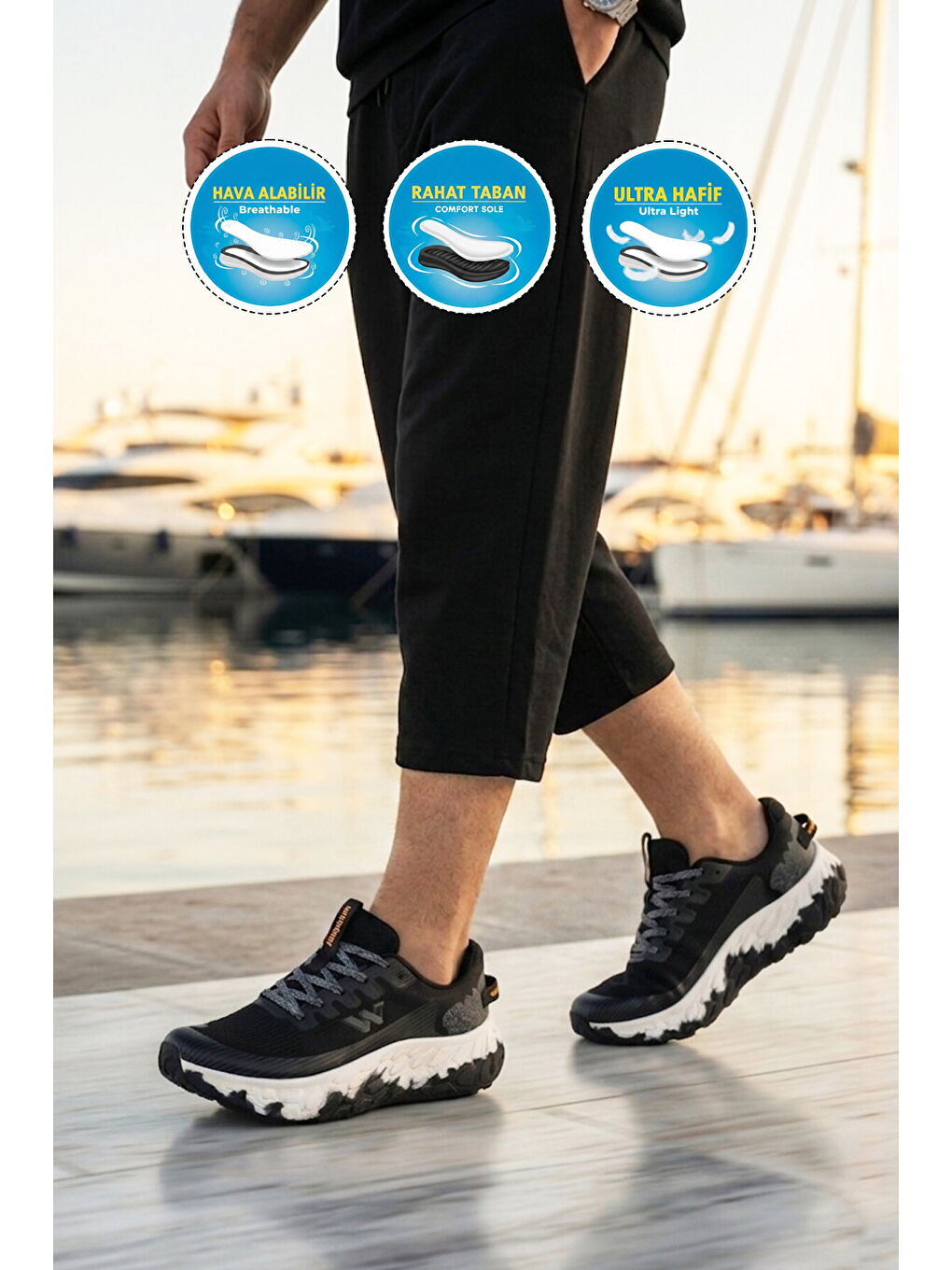 Siyah Beyaz Fileli Hafif Esnek Hafızalı Taban Unisex Spor Ayakkabı Flystep G-2