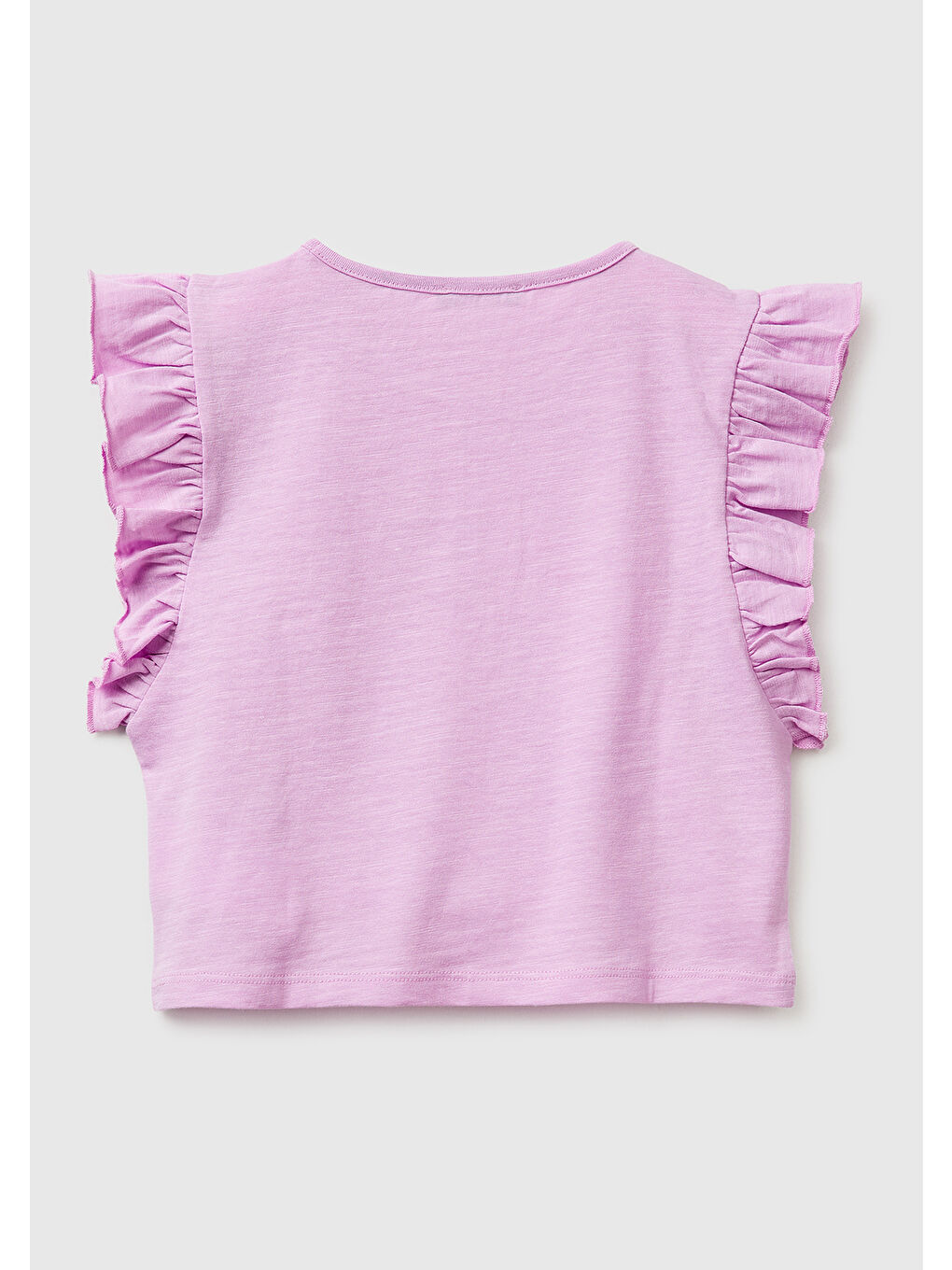 Kız Çocuk Pembe İşlemeli Kelebek Baskılı Kolları Fırfırlı T-Shirt-1
