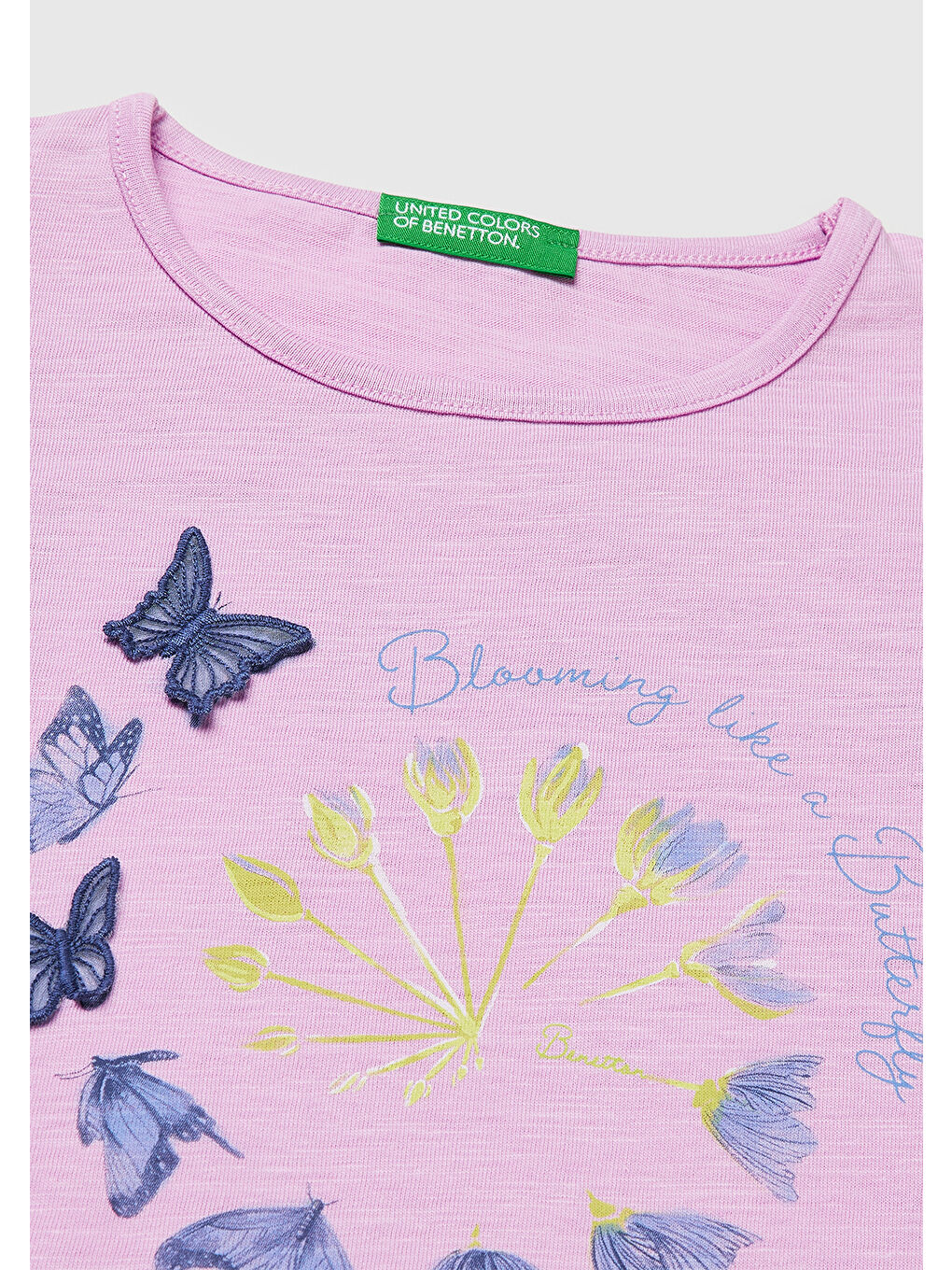 Kız Çocuk Pembe İşlemeli Kelebek Baskılı Kolları Fırfırlı T-Shirt-2