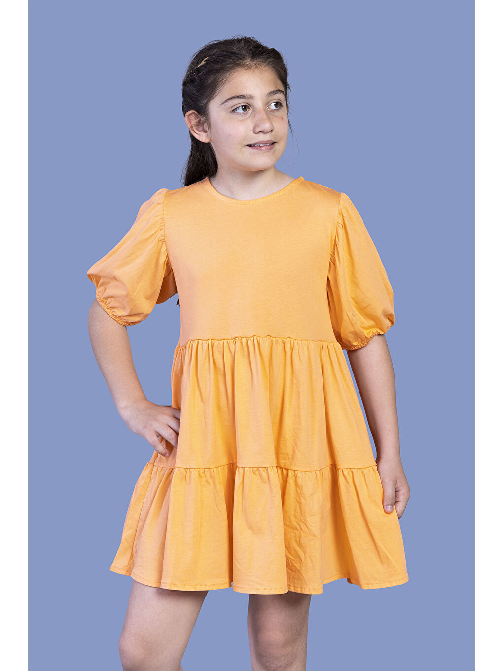 Turuncu Kız Çocuk Arkası Bağlama Detaylı Balon Kol Elbise-2