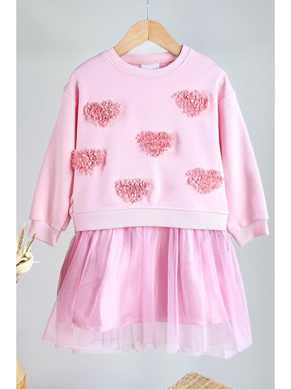 Pembe Kız Çocuk Kalp Aplikeli Tül Detaylı Elbise-1