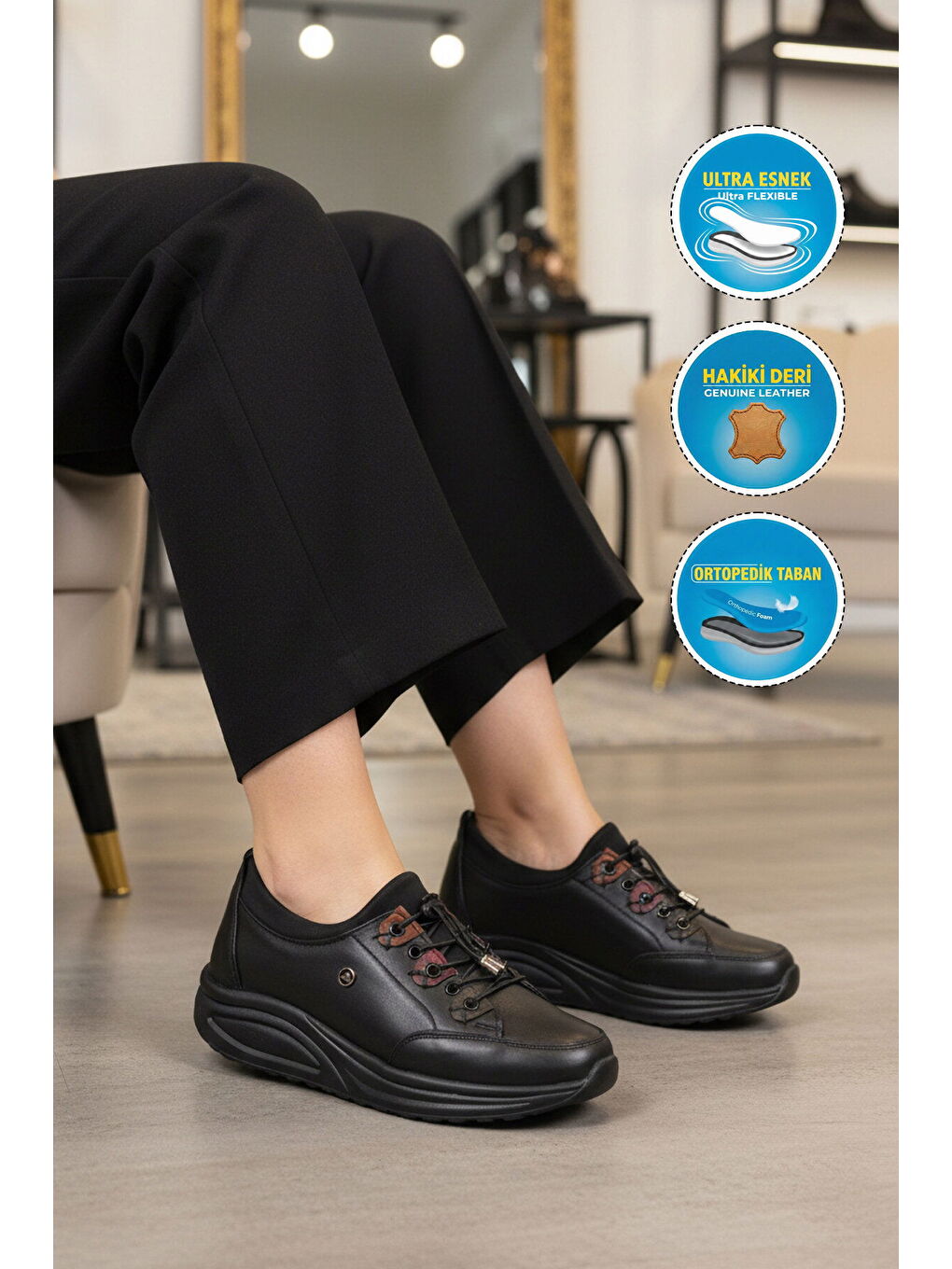 Siyah Hakiki Deri Anatomik Kadın Casual Ayakkabı 2660 Z-2