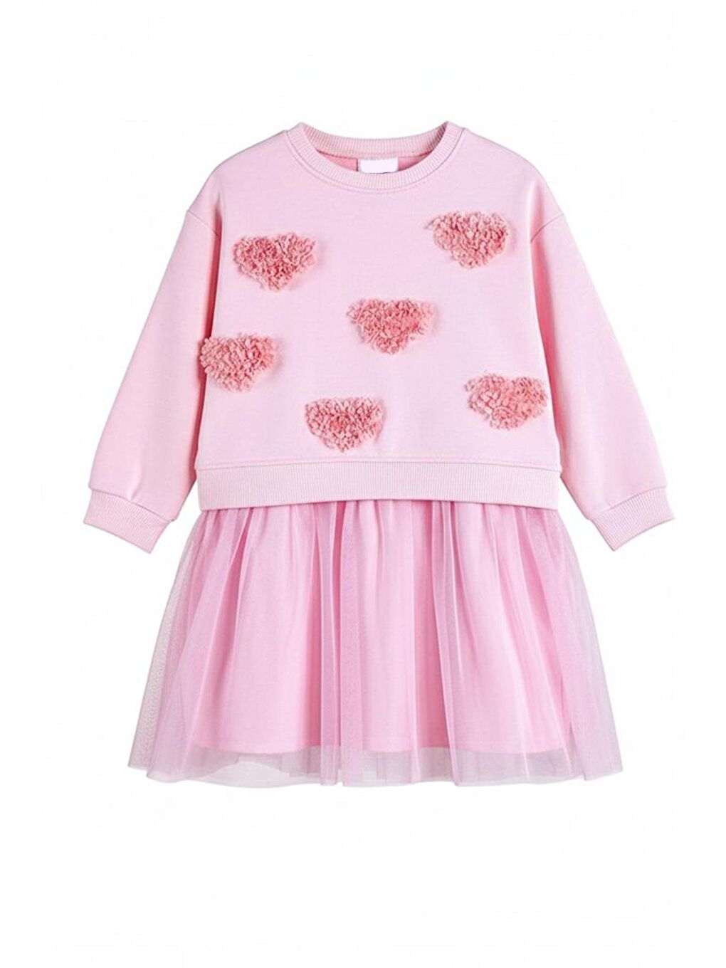 Pembe Kız Çocuk Kalp Aplikeli Tül Detaylı Elbise-2
