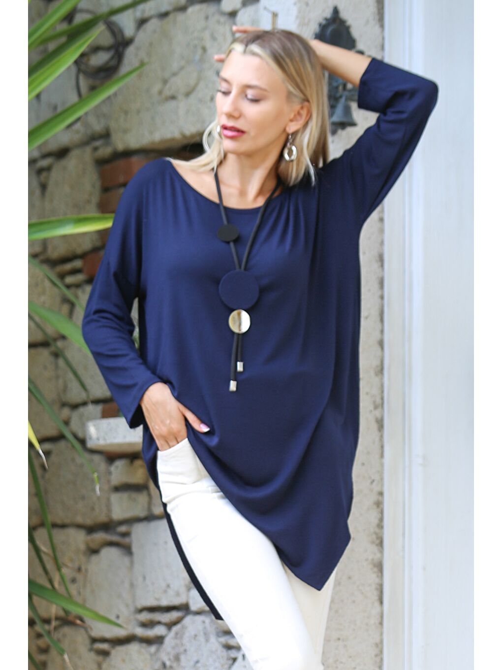 Lacivert Kayık Yaka Uzun Kol Örme Asimetrik Casual Bluz