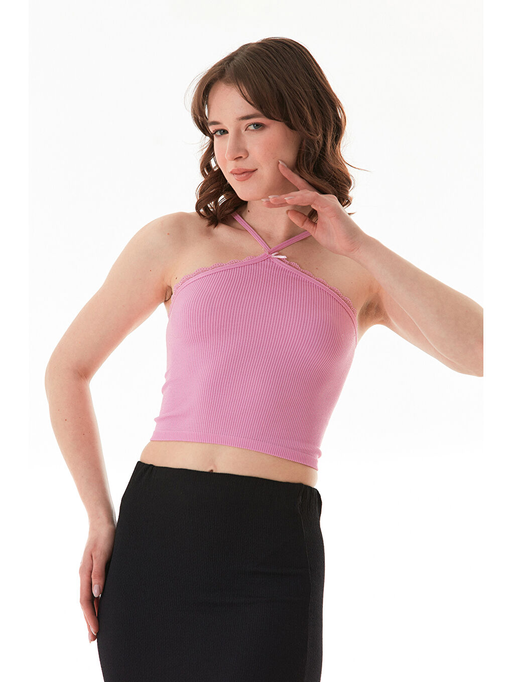 Pembe Fitilli Çapraz Askılı Crop Body