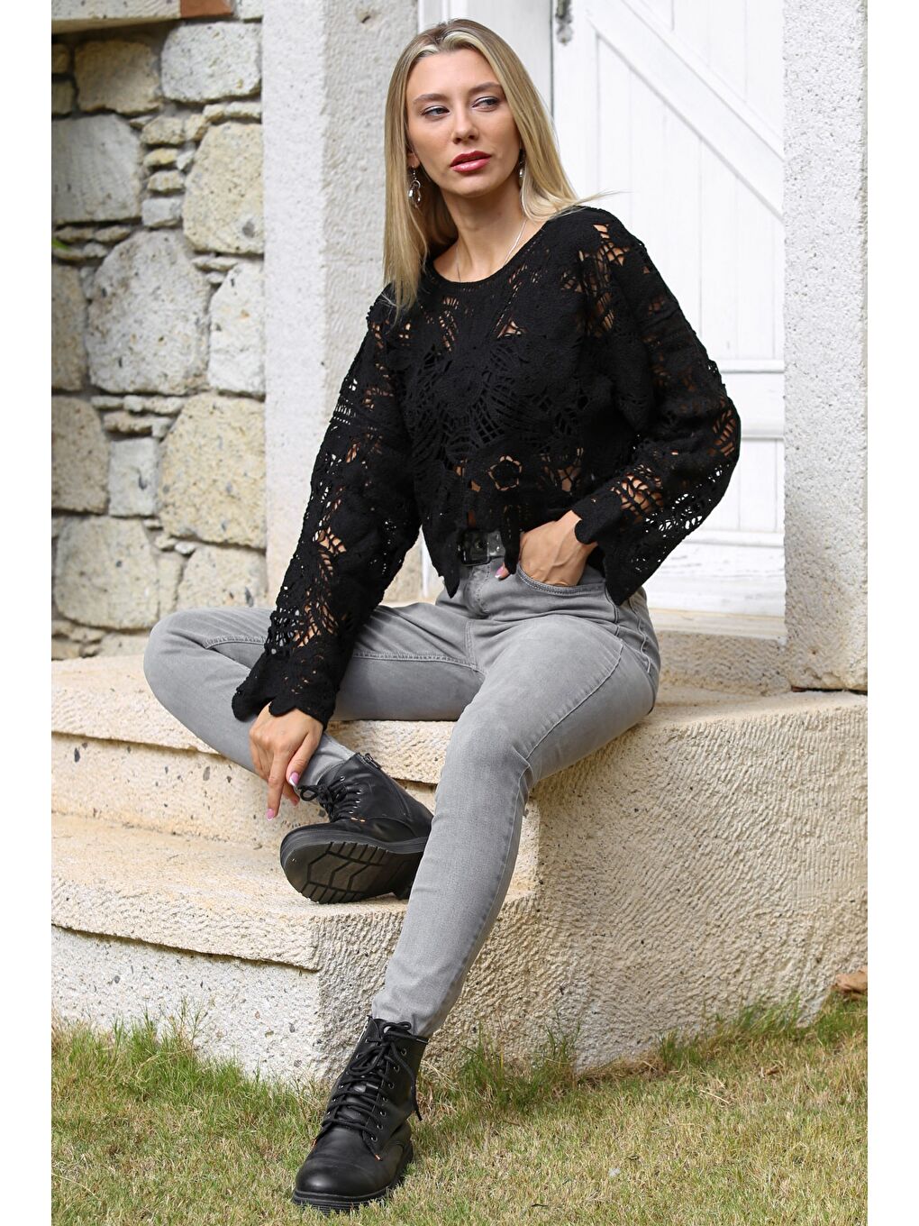 Siyah Kayık Yaka Uzun Kol Triko Casual Bluz-7