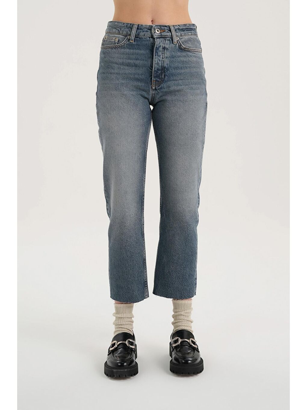 Eliza Orta Mavi Yüksek Bel Patı Düğmeli Paçası Kesikli Jean Pantolon C 4518-110-1