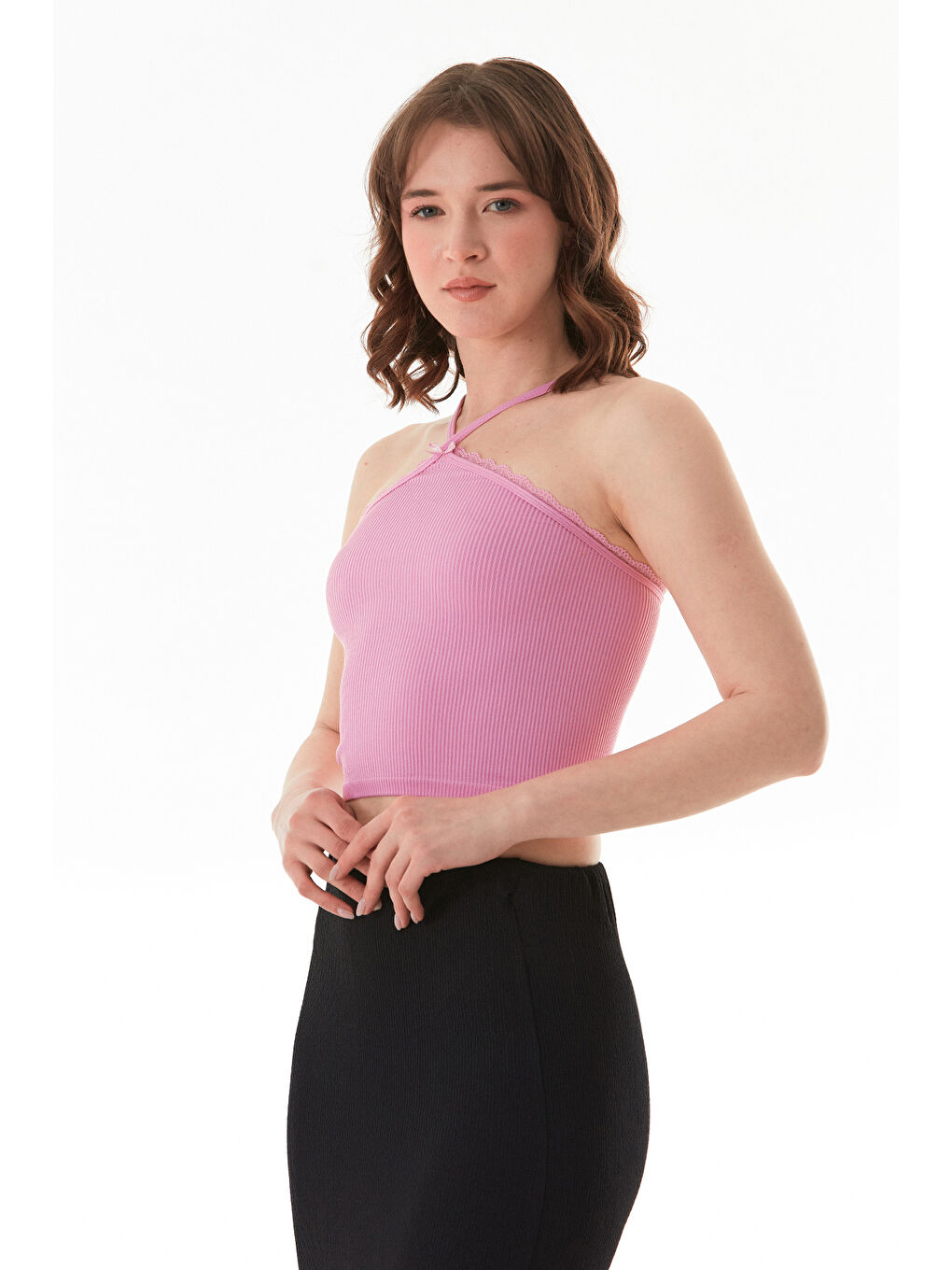 Pembe Fitilli Çapraz Askılı Crop Body-1