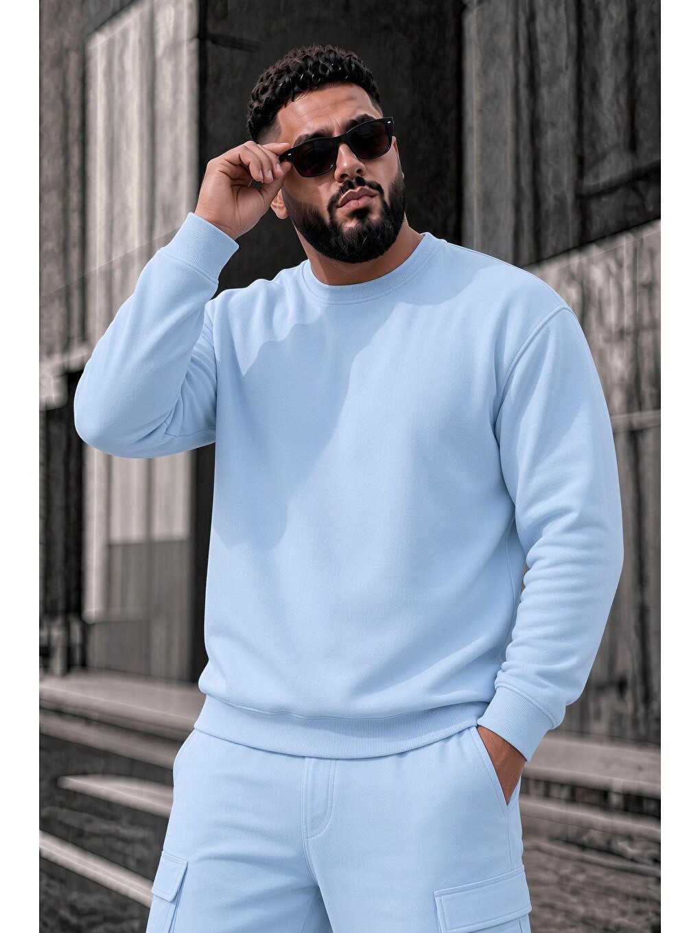 Turkuaz John Erkek İki İpli Şardonlu Düz Renk Günlük Battal Büyük Beden Bisiklet Yaka Sweatshirt-1