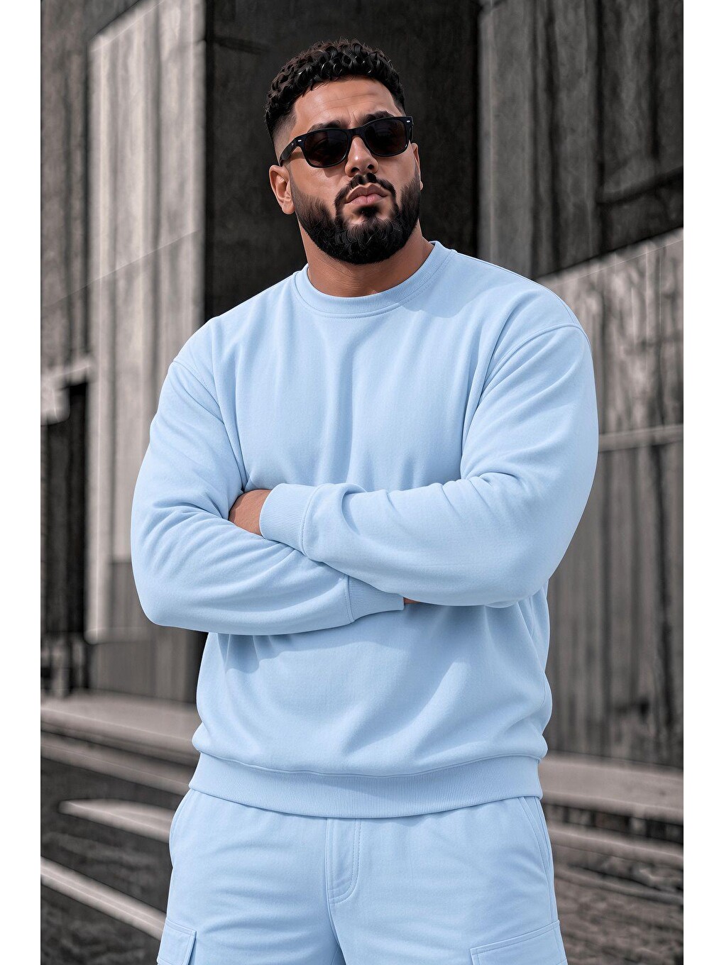 Turkuaz John Erkek İki İpli Şardonlu Düz Renk Günlük Battal Büyük Beden Bisiklet Yaka Sweatshirt-2