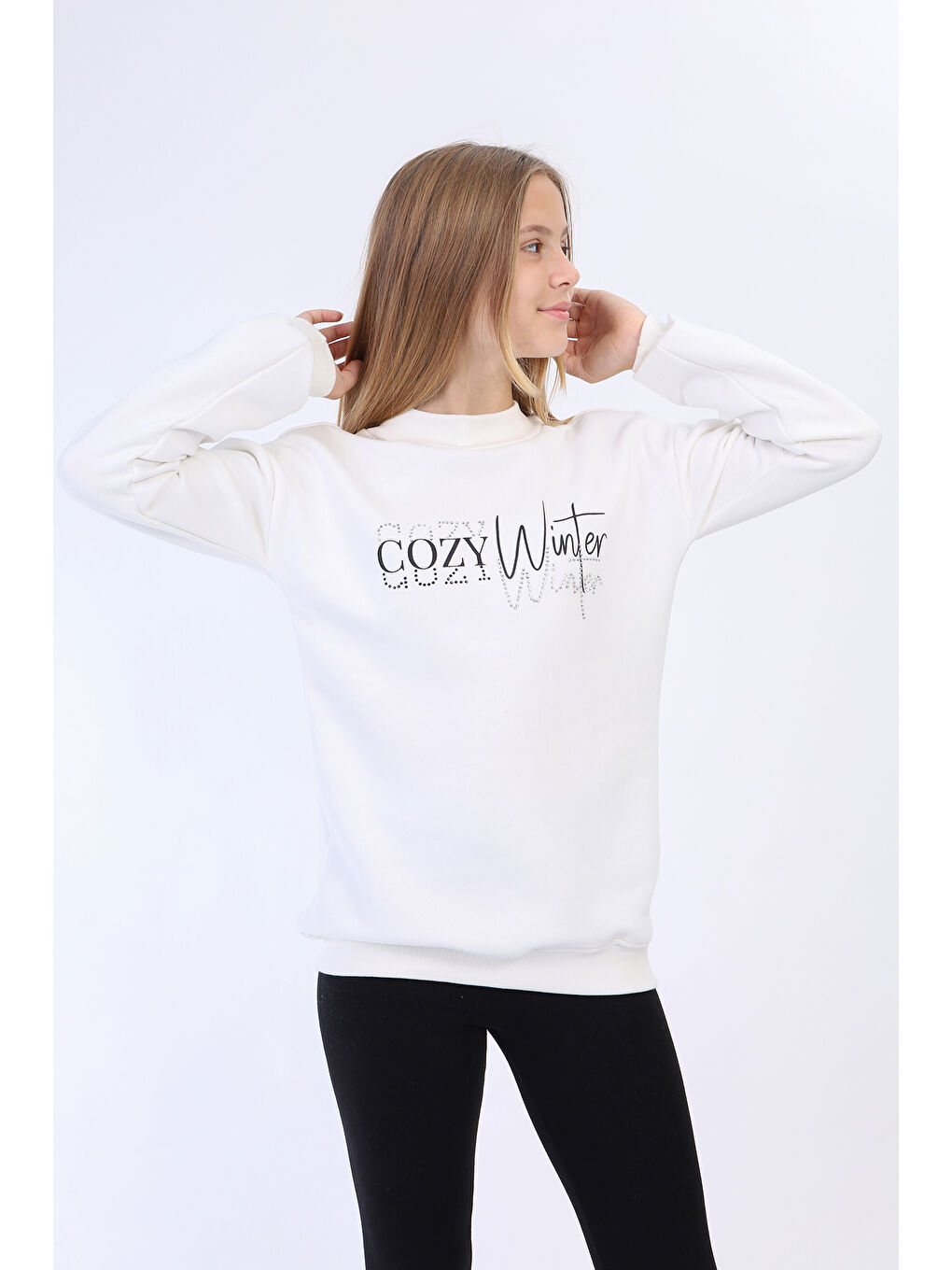 Ekru Kız Çocuk Balıkçı Yaka İçi Pamuklu Sweatshirt