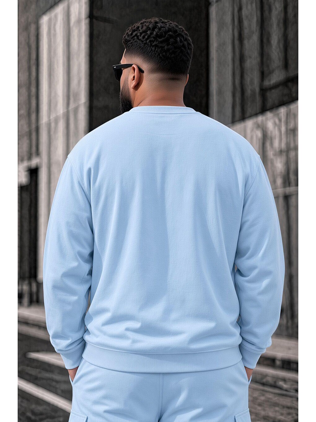 Turkuaz John Erkek İki İpli Şardonlu Düz Renk Günlük Battal Büyük Beden Bisiklet Yaka Sweatshirt-3