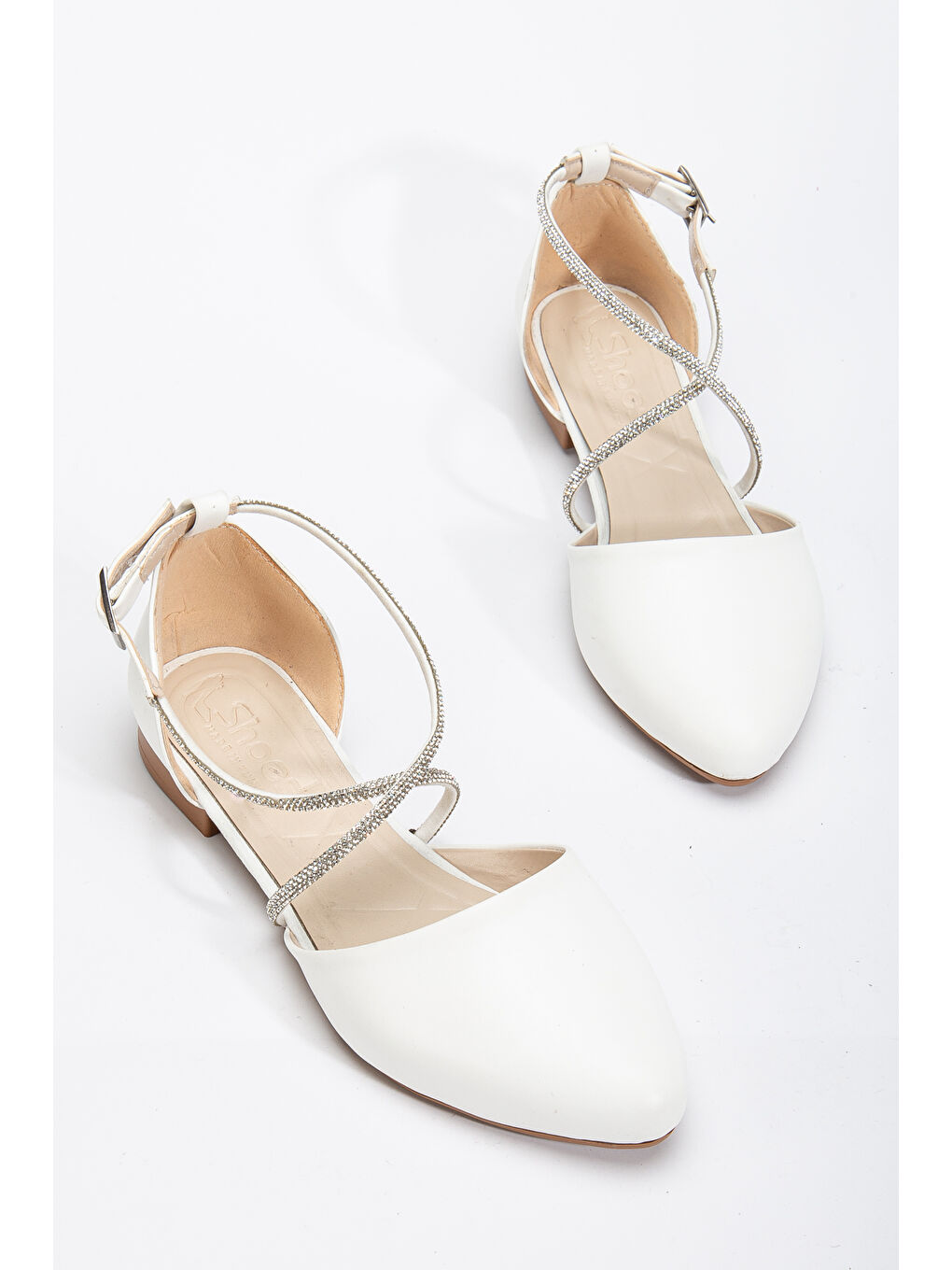 Kadın Beyaz Çapraz Taş Halat Detaylı Bilekten Bağlamalı Babet-1