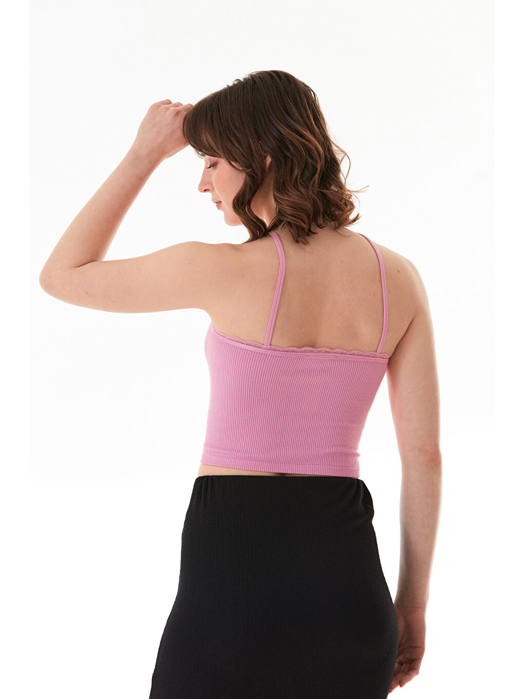 Pembe Fitilli Çapraz Askılı Crop Body-3