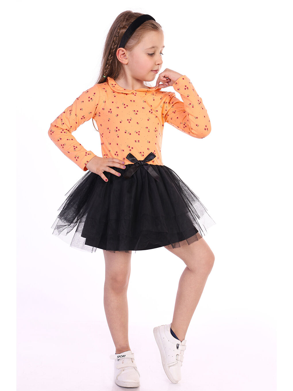 Pembe Kız Çocuk Çiçek Desenli Tüllü Elbise