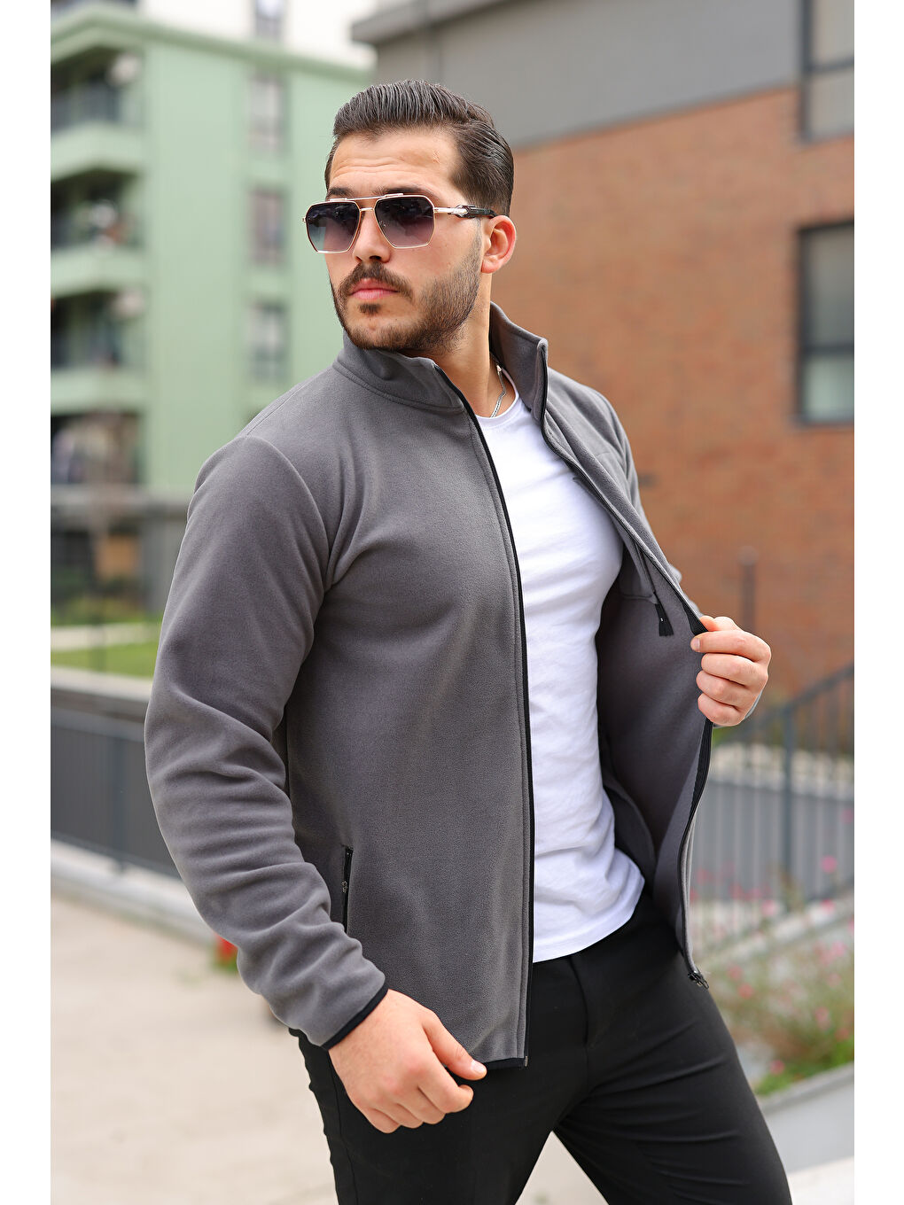 Gri Erkek Kışlık Trend Fermuarlı Cepli Füme Polar Hırka-1