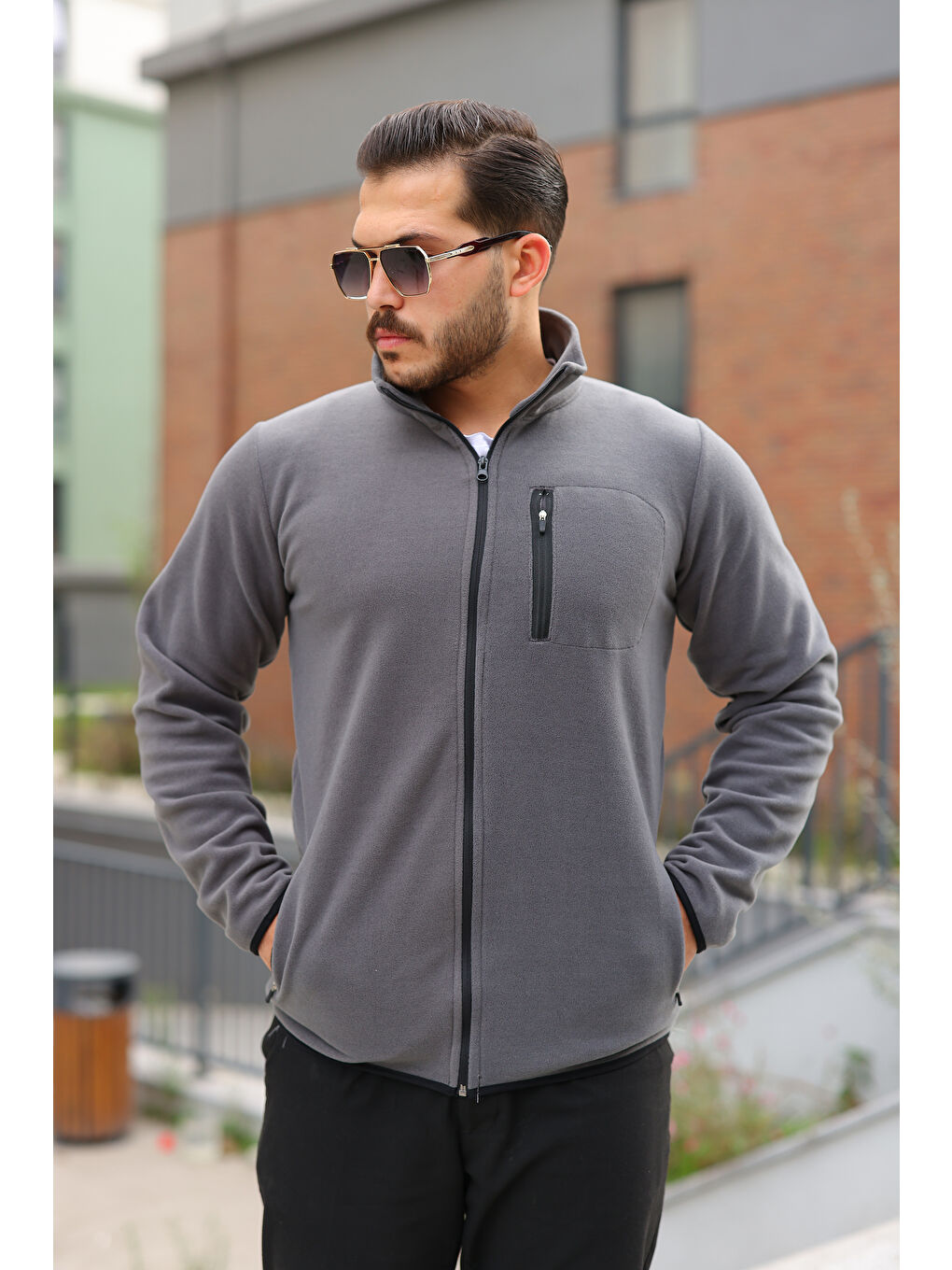 Gri Erkek Kışlık Trend Fermuarlı Cepli Füme Polar Hırka-2