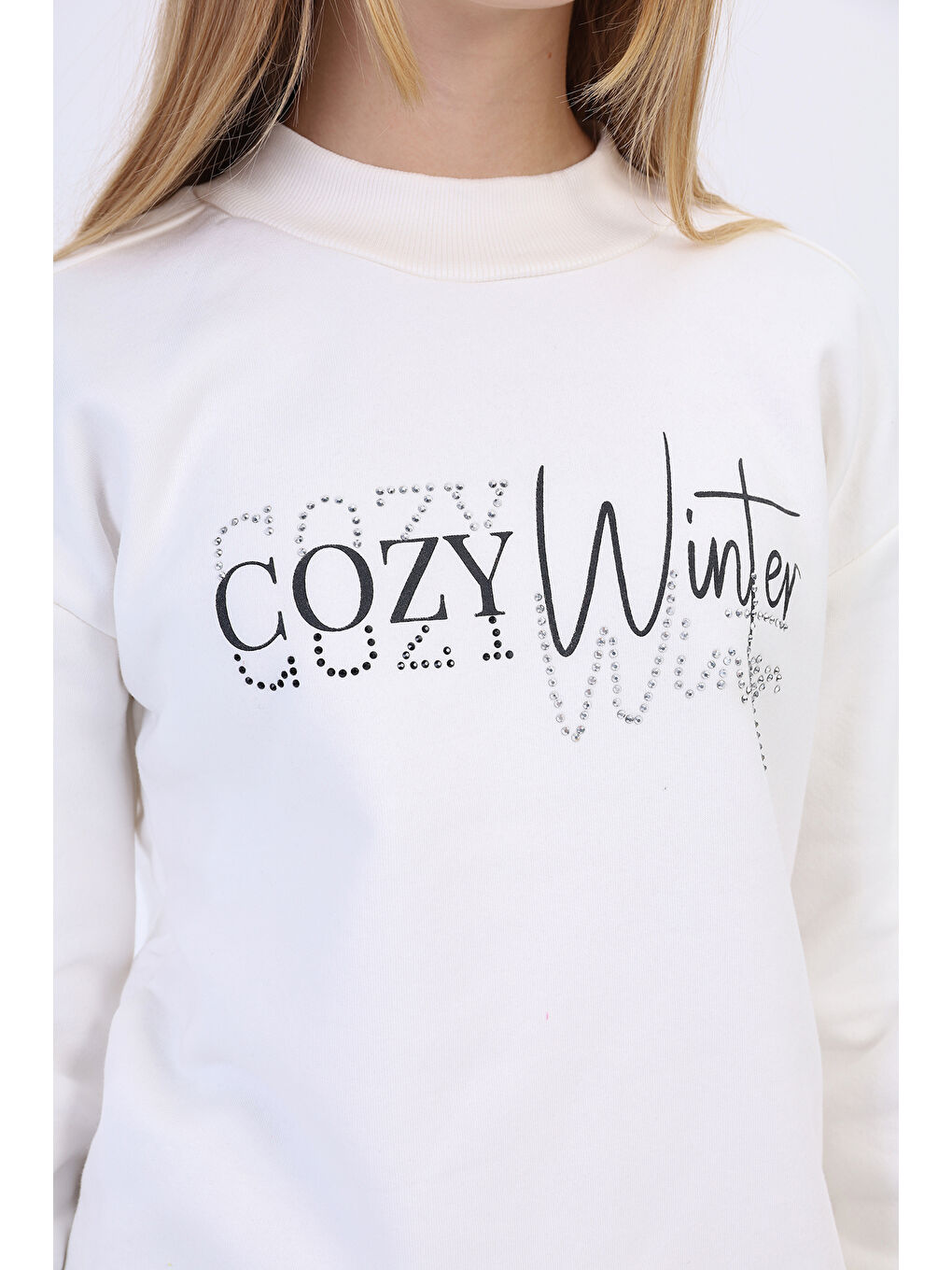 Ekru Kız Çocuk Balıkçı Yaka İçi Pamuklu Sweatshirt-1