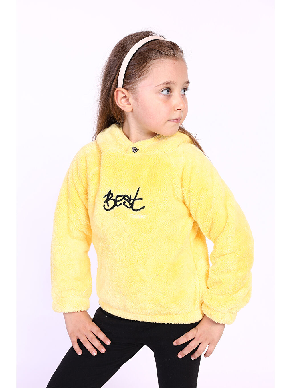 Sarı Kız Çocuk Nakışlı Pelüş Sweatshirt