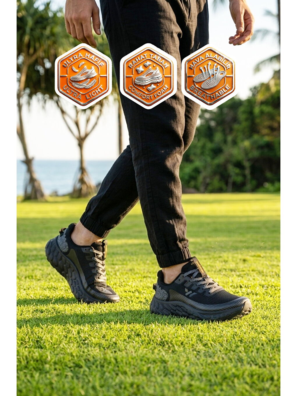 Siyah Fileli Hafif Esnek Hafızalı Taban Unisex Spor Ayakkabı Flystep G-1