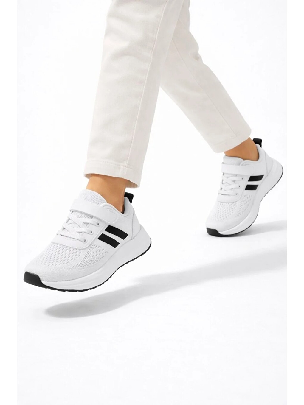 Beyaz Çocuk Fileli Cırt Bantlı Bağcıklı Hafif Taban Günlük Rahat Spor Ayakkabı-4