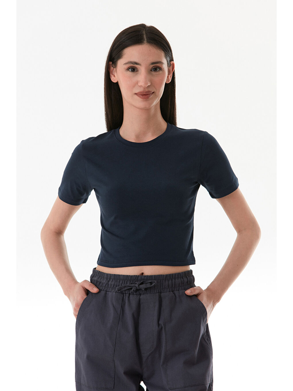 Lacivert Basic Bisiklet Yaka Crop Tişört