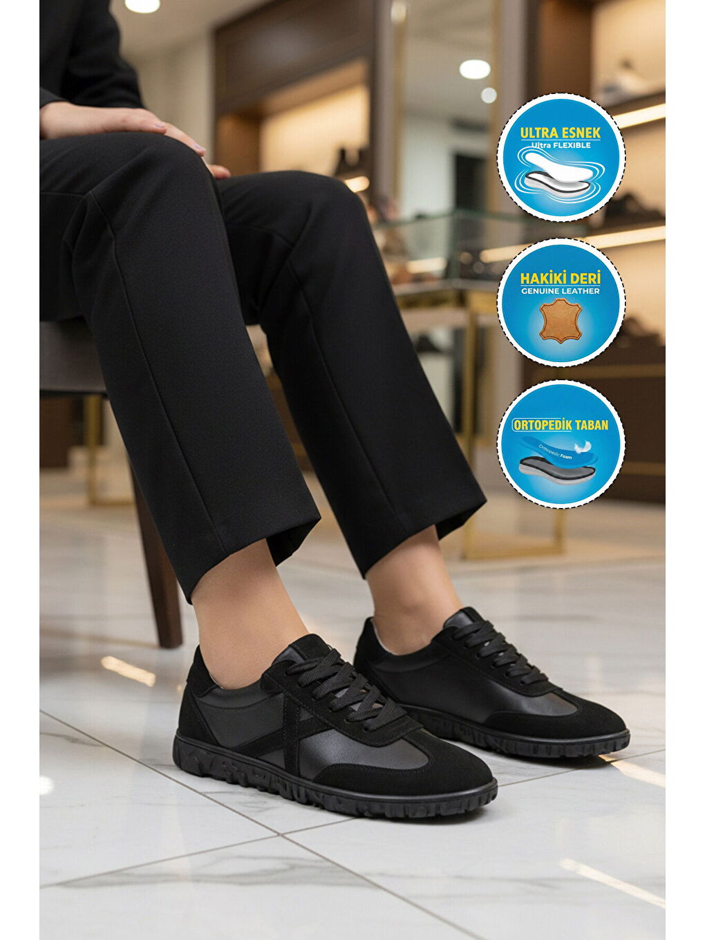 Siyah Hakiki Deri Anatomik Kadın Casual Ayakkabı F-003 Z-2