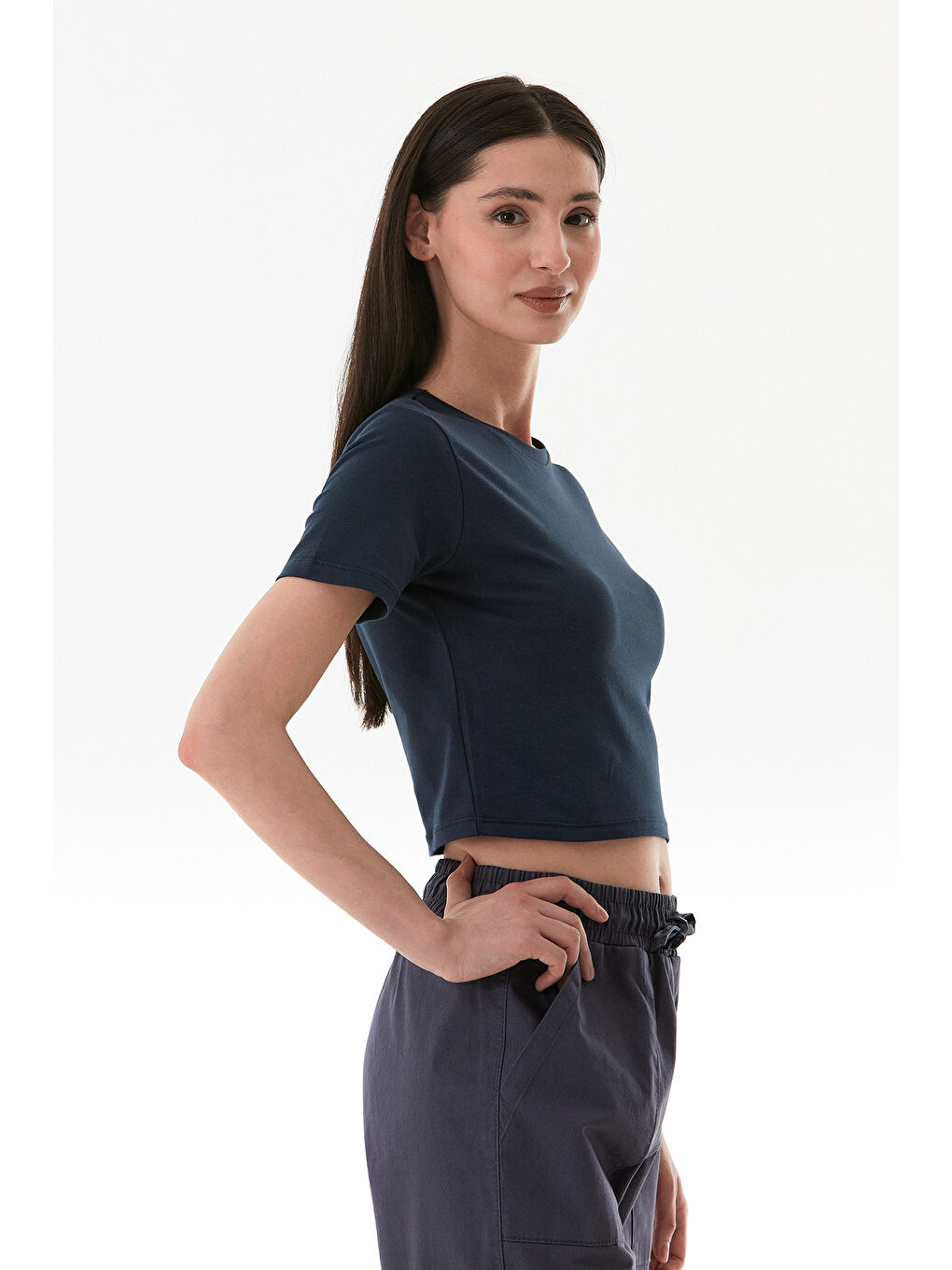 Lacivert Basic Bisiklet Yaka Crop Tişört-2