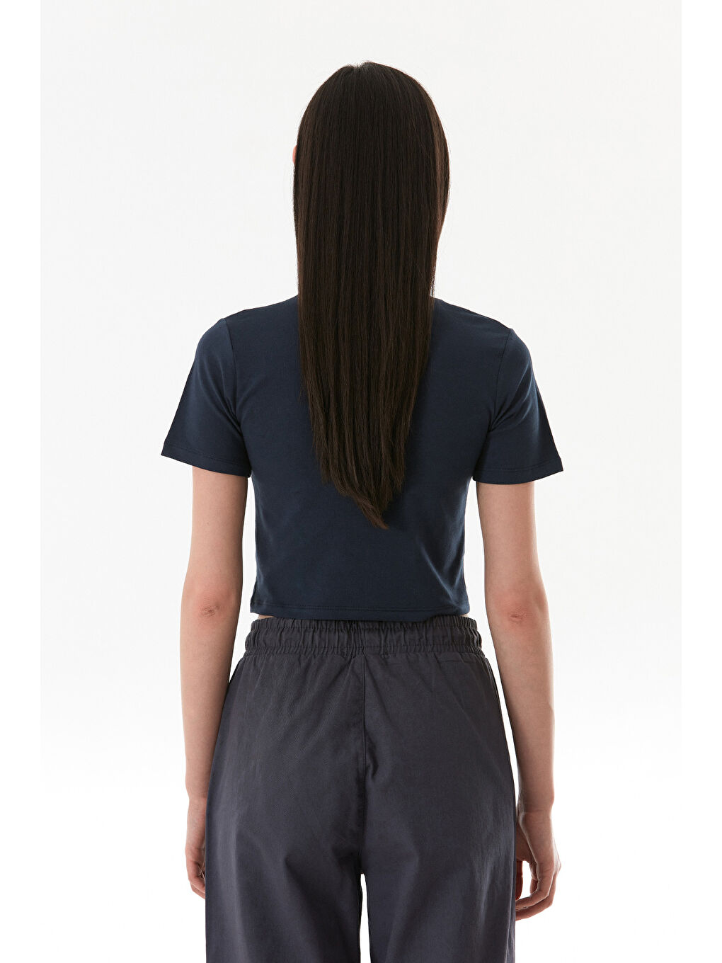 Lacivert Basic Bisiklet Yaka Crop Tişört-3