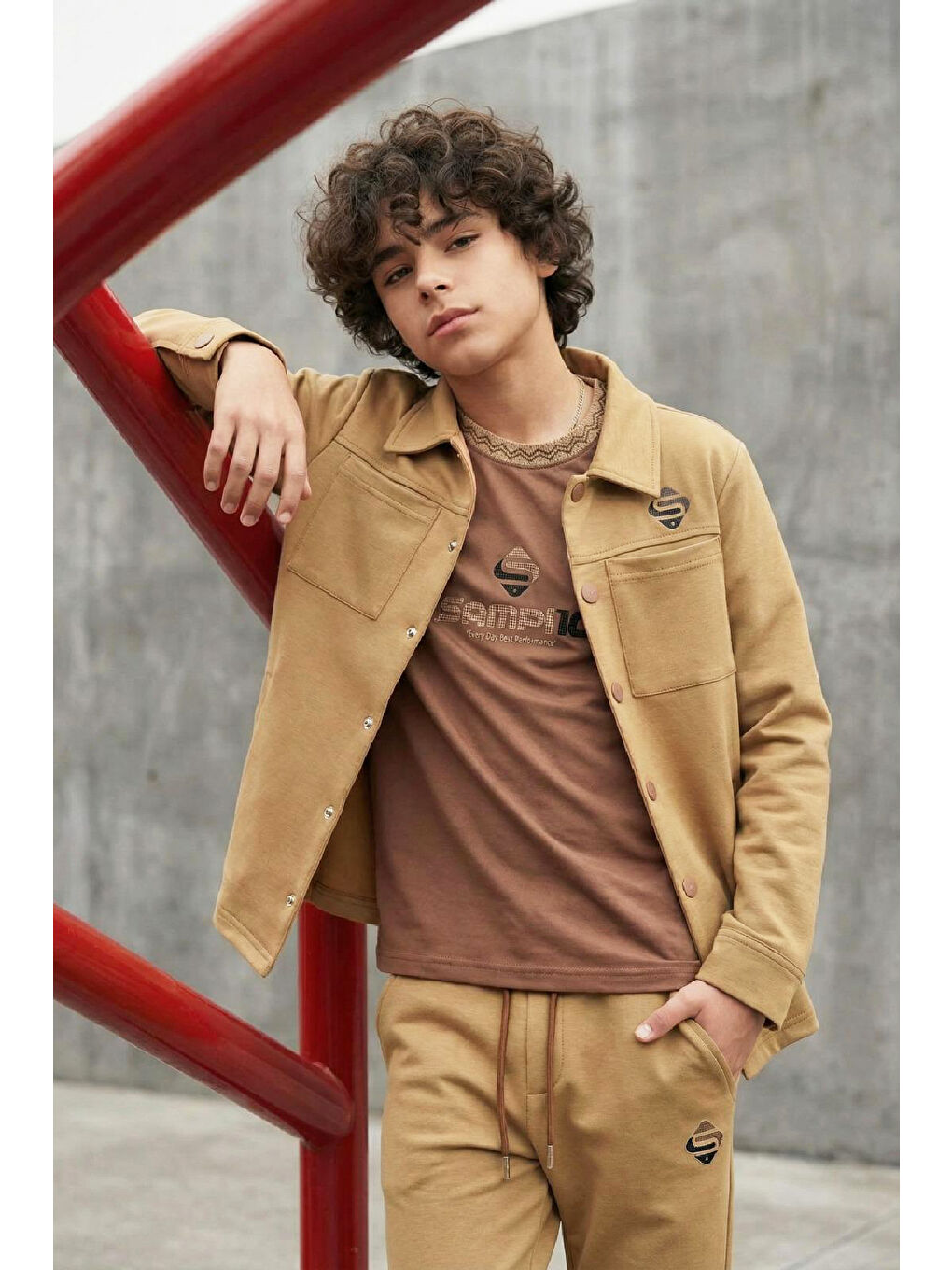 Kahverengi Erkek Çocuk Ceketli 3'lü Takım (Ceket+T-Shirt+Alt) 6-16 Yaş 12555S10-1