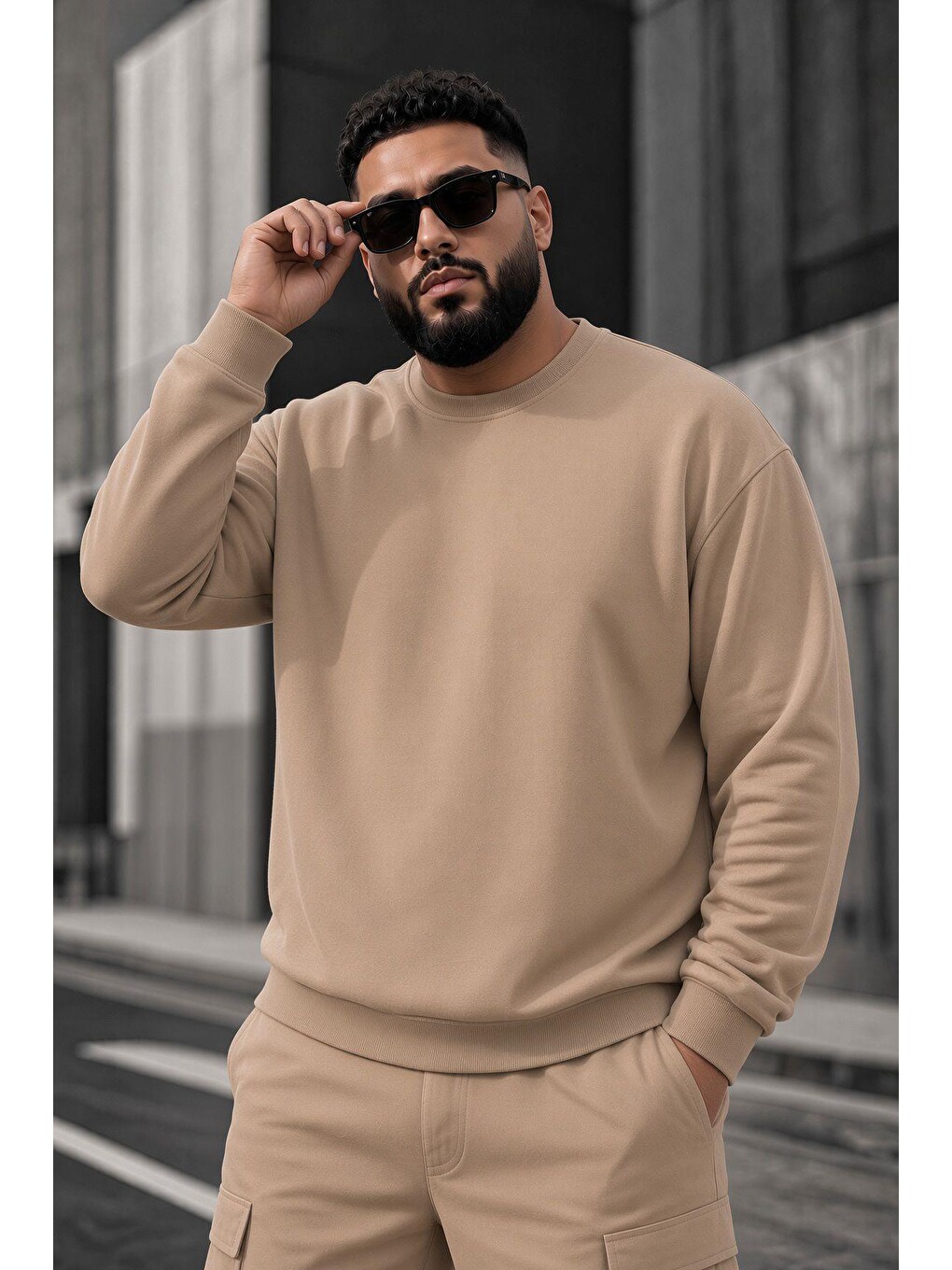 Bej John Erkek İki İpli Şardonlu Düz Renk Günlük Battal Büyük Beden Bisiklet Yaka Sweatshirt-1