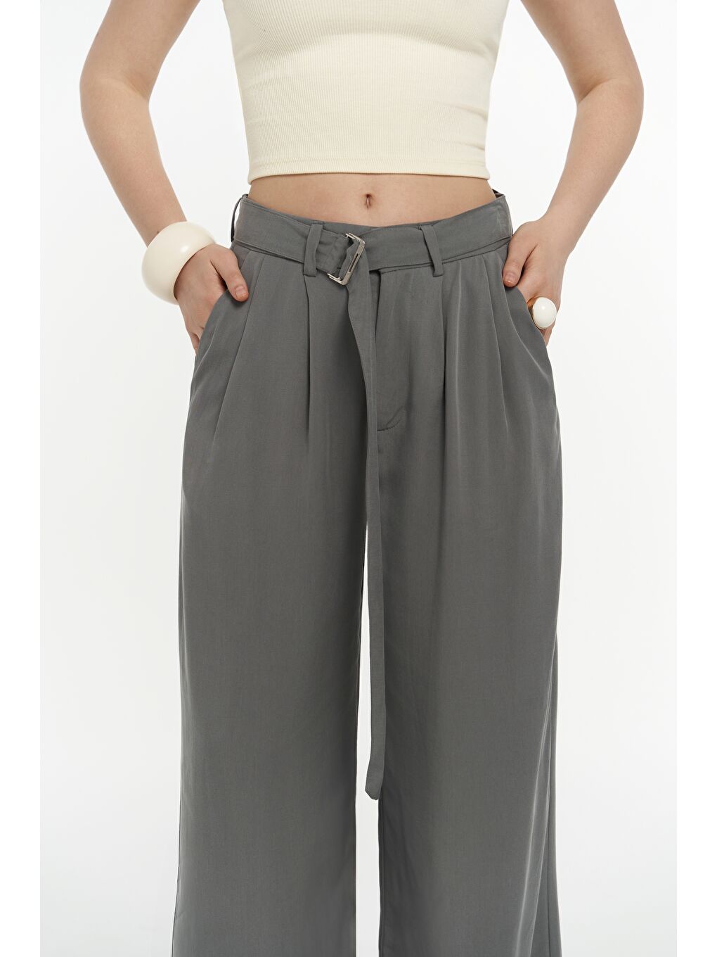 Paros Kemer Detay Gri Palazzo Pantolon-6