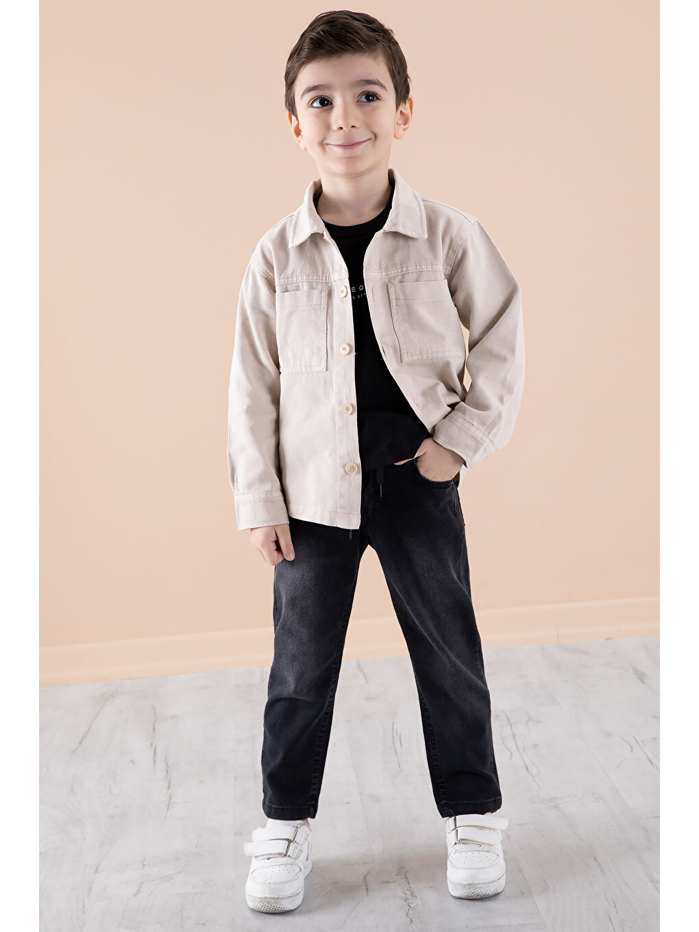 Ekru Krem Jean Ceket Yazı Baskılı Erkek Çocuk Pantolonlu 3lü Takım 20311