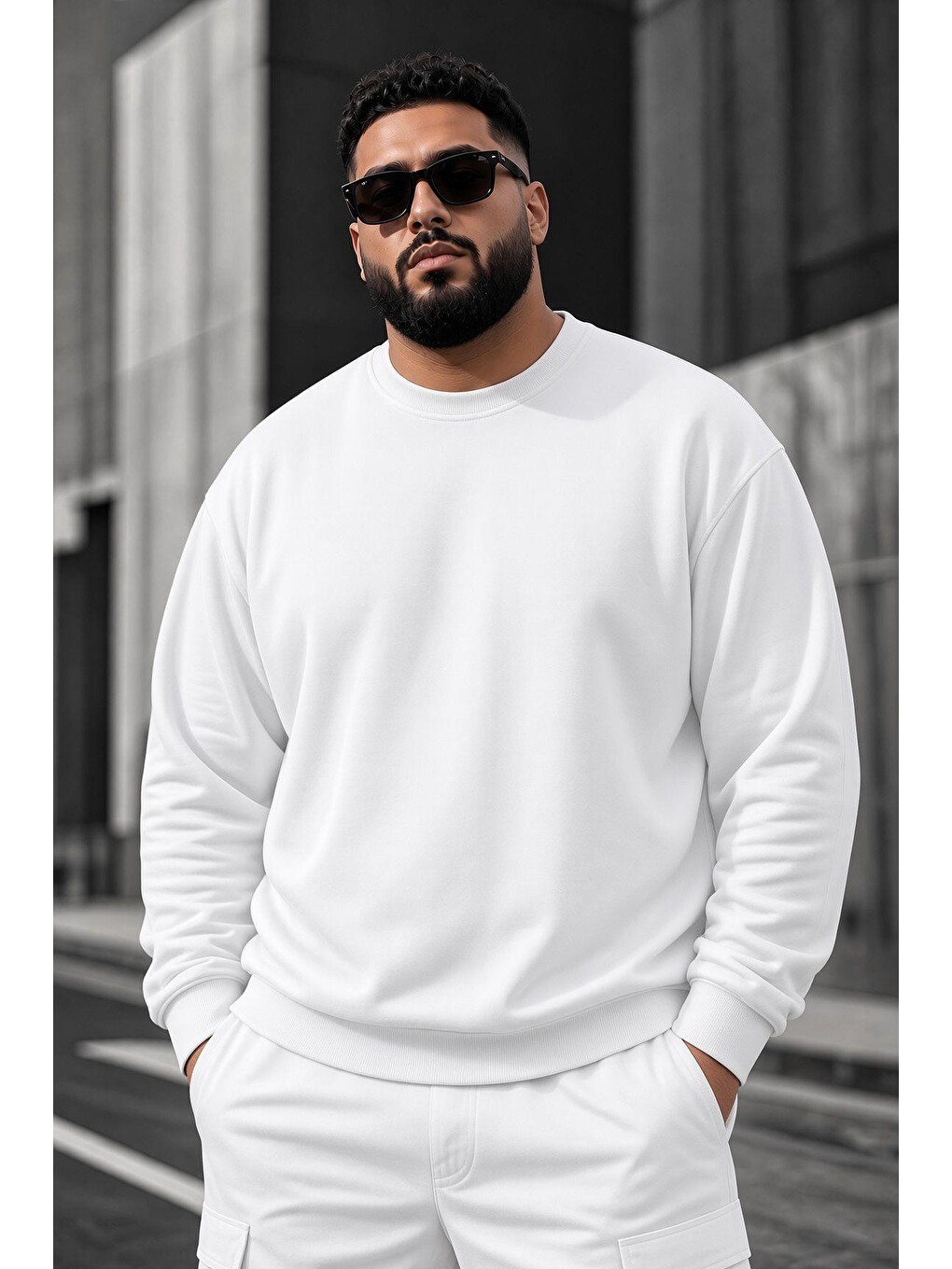 Beyaz John Erkek İki İpli Şardonlu Düz Renk Günlük Battal Büyük Beden Bisiklet Yaka Sweatshirt-1