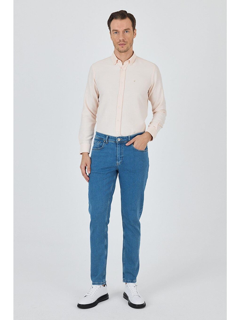 Koyu Mavi Gabardin 5 Cep Düz Paça Casual Slim Fit Pamuklu Denim Pantolon 1023250155-3