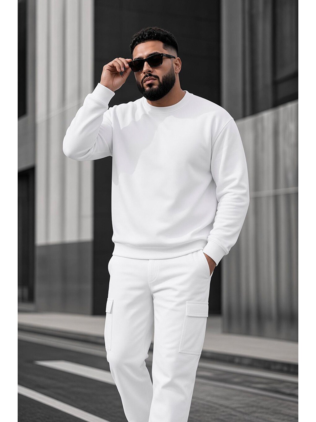 Beyaz John Erkek İki İpli Şardonlu Düz Renk Günlük Battal Büyük Beden Bisiklet Yaka Sweatshirt-2