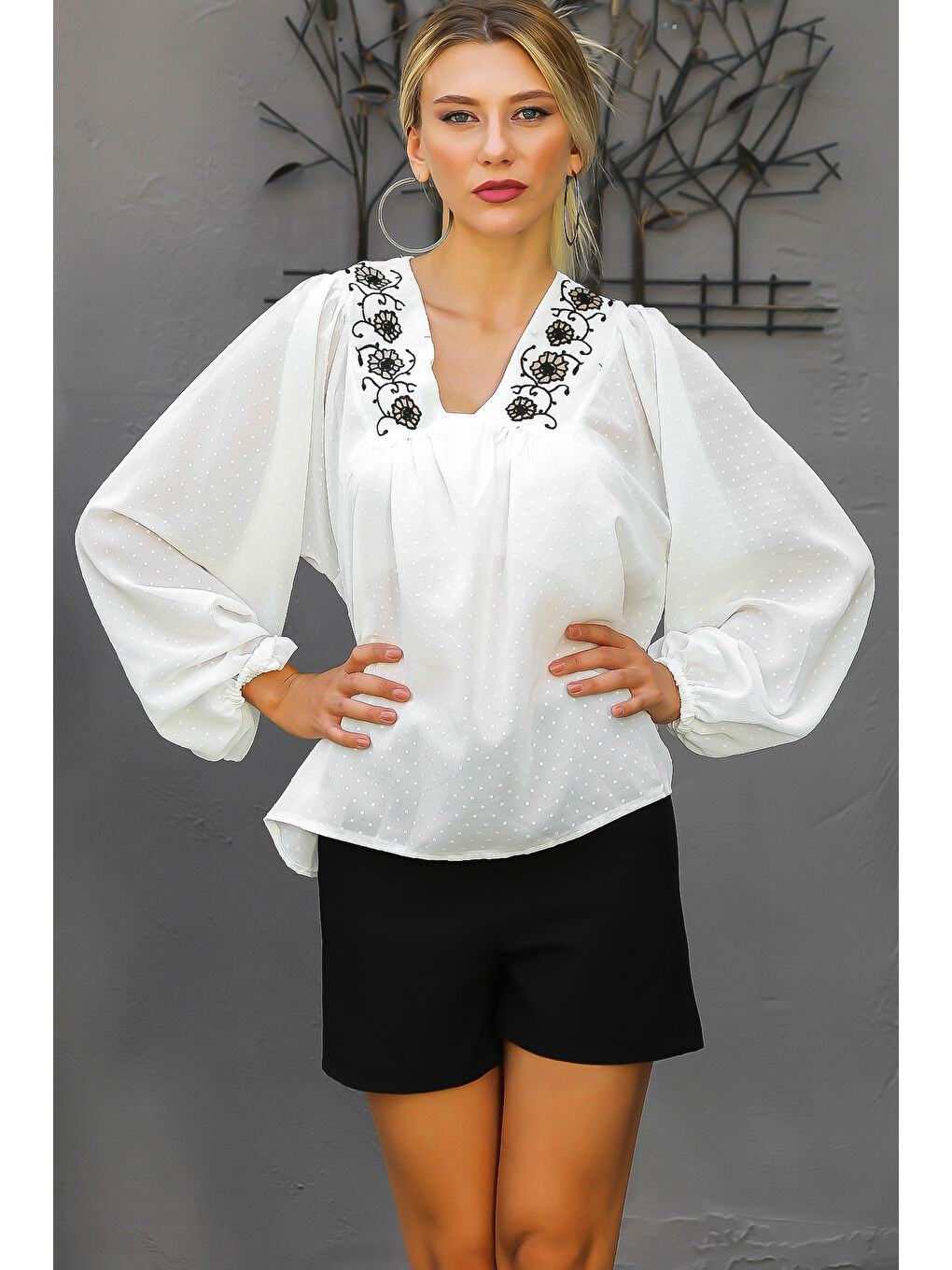 Ekru Nakışlı Yaka Balon Kol Nakışlı Dokuma Bluz-3