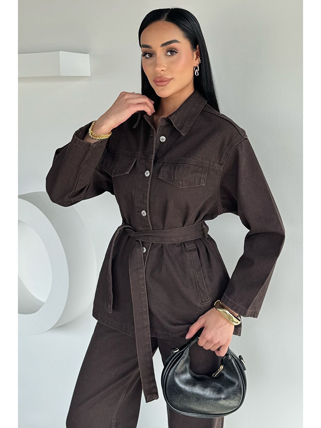 Kahverengi Kadın Bel Kuşaklı Jean Ceket Pantolon İkili Takım-2