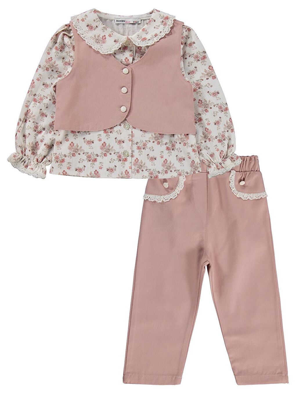 Civil Girls Yelek Pantolon Çiçekli Gömlek 3 Lü 2-5 Yaş Takım - Pembe 4-5 Yaş