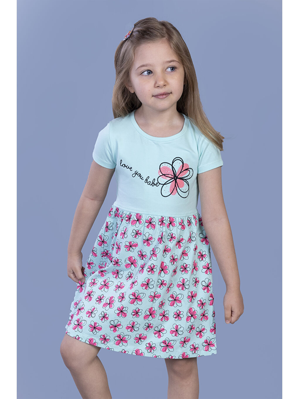 Turkuaz Kız Çocuk Çiçek Desenli Yazı Nakışlı Pullu Taş İşlemeli Elbise
