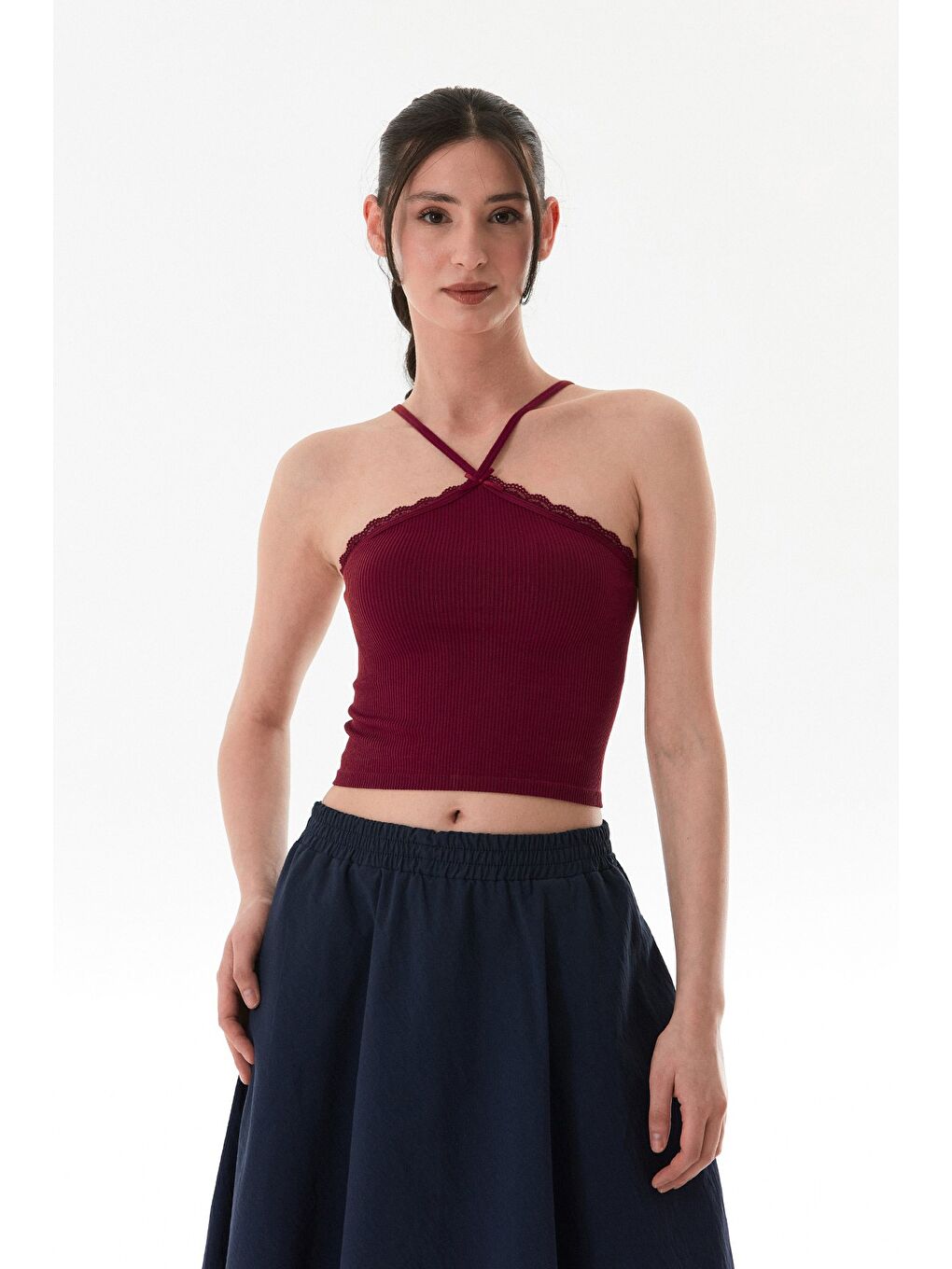 Bordo Fitilli Çapraz Askılı Crop Body