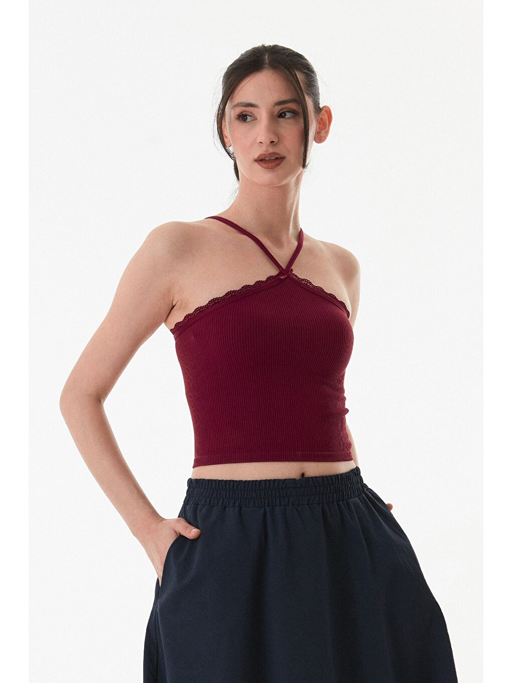 Bordo Fitilli Çapraz Askılı Crop Body-1