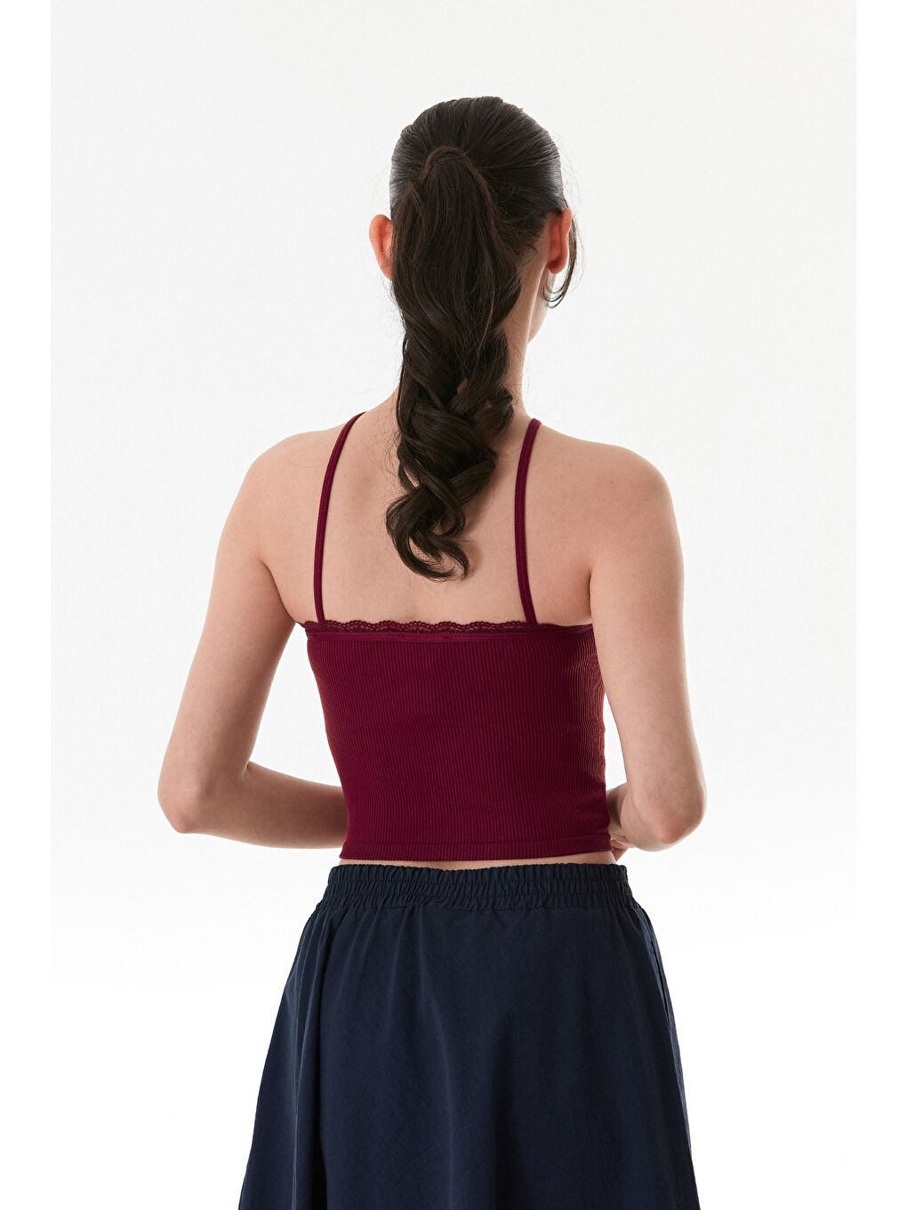 Bordo Fitilli Çapraz Askılı Crop Body-2